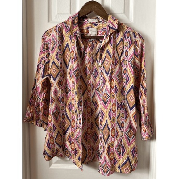 Chicos No Iron Linen Button Down Shirt Southwestern Print Size 0 Bright Colors - Picture 1 of 6